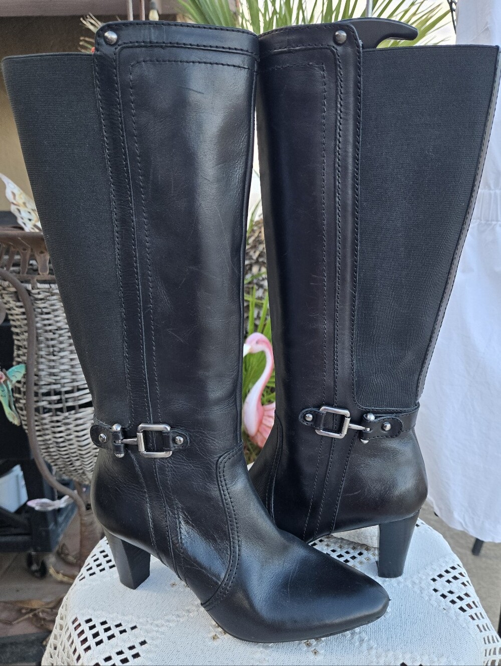 Anne Klein Black Knee-High Buckle Heeled Boots - Picture 2 of 14